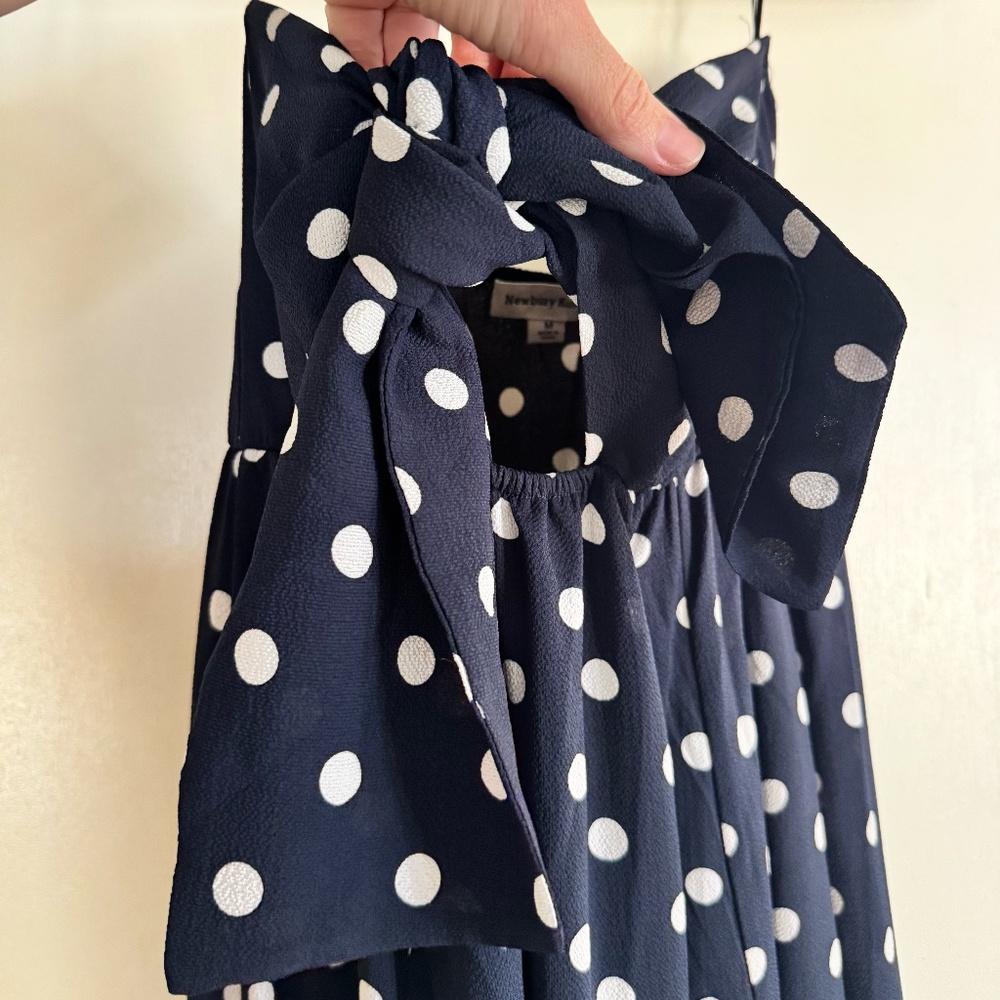 Navy Polka Dot Tie-Neck Midi Dress